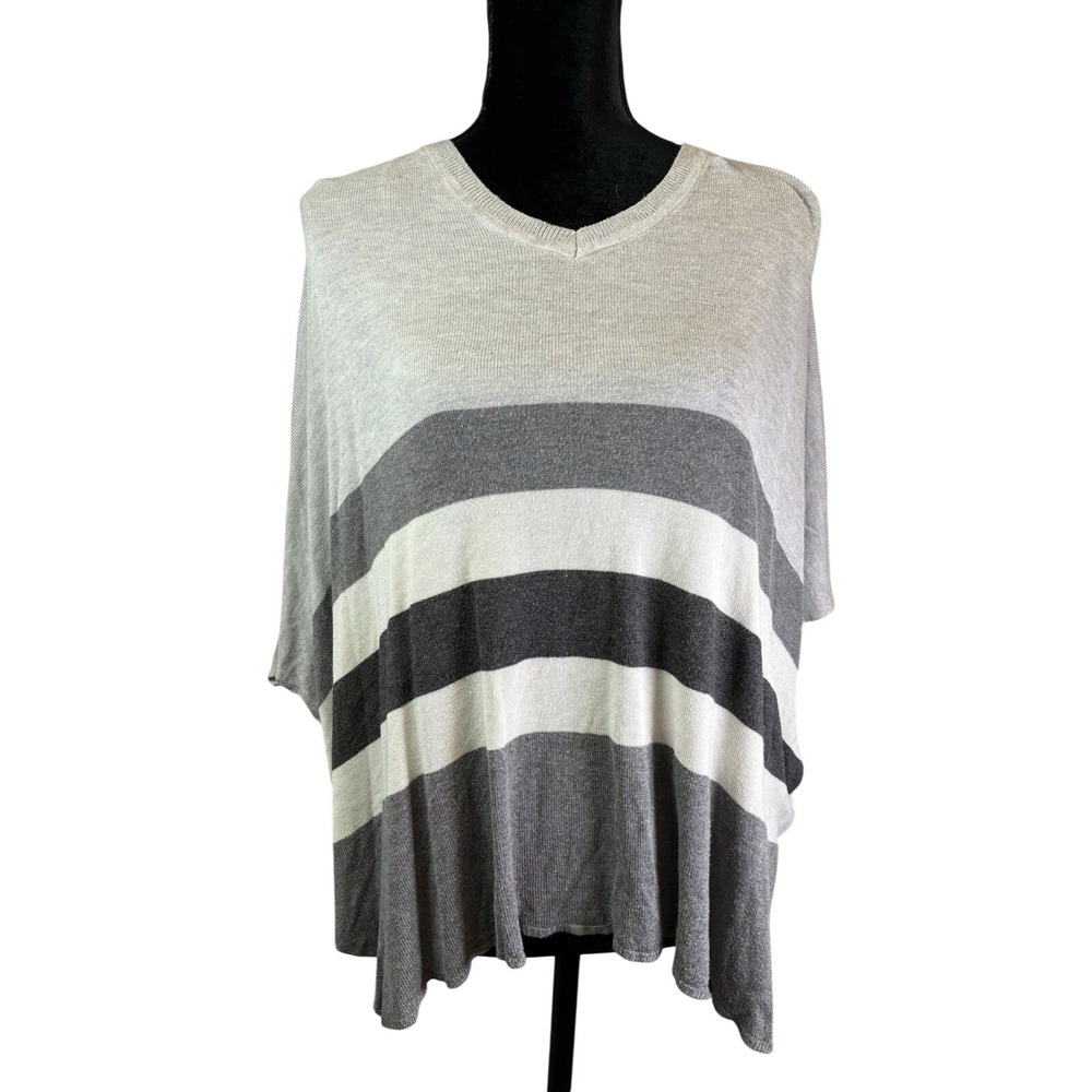 Sunday Womens White & Gray Striped V-Neck Dolman Sleeve Knit Poncho Sweater L/XL